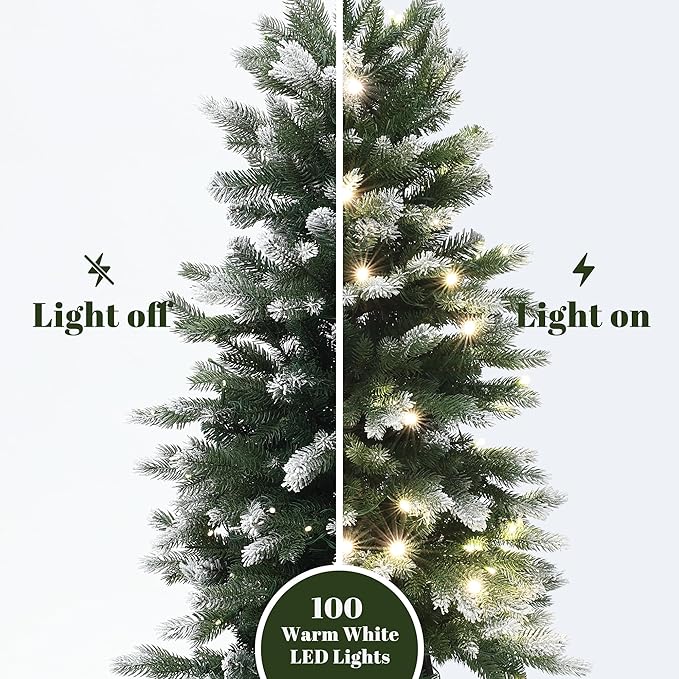 LuxenHome 4FT Potted Christmas Tree, Prelit Small Christmas Trees with 100 Warm White LED Lights, Slim Faux Tree Pre-lit with Black Square Base, Artificial Pine Trees for Indoor, Outdoor Holiday Decor