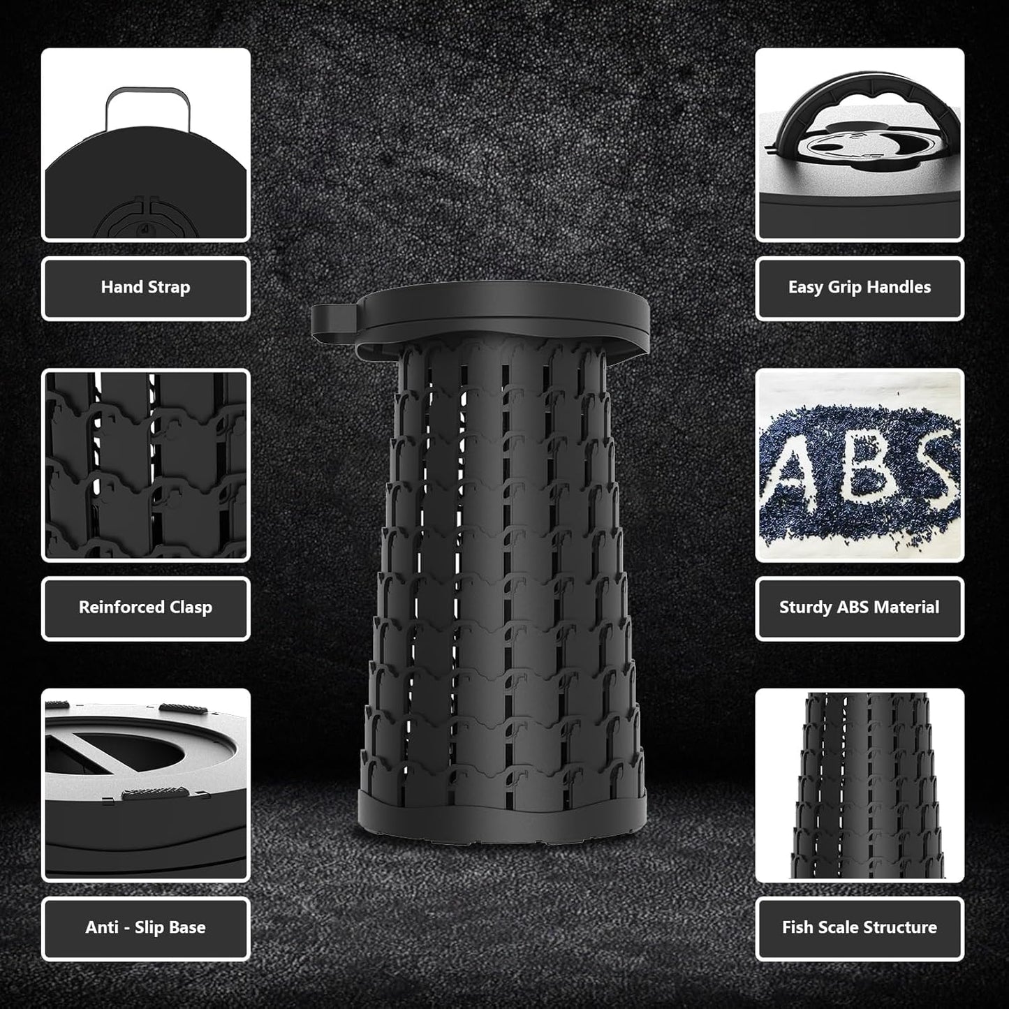 Upgraded Collapsible Stool with Max Load Capacity 330lbs Portable Telescoping & Folding Design Retractable Seat for Camping, Gardening, Fishing & Outdoor Adventures (Black)