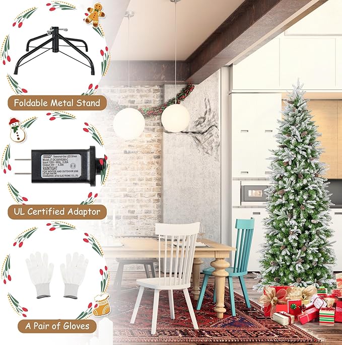 GOFLAME 7.5 FT Pre-Lit Pencil Christmas Tree Snow Flocked, Slim Artificial Xmas Tree with 913 Branch Tips, 350 LED Lights, 75 Natural Pine Cones, Hinged Holiday Decoration Tree for Home Office