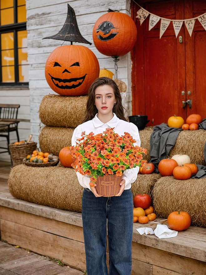 20 Bundles Artificial Mums for Outdoors – UV Resistant Artificial Plants Outdoor, Realistic Silk Fake Flowers No Fade, for Porch, Garden, Patio, Planter