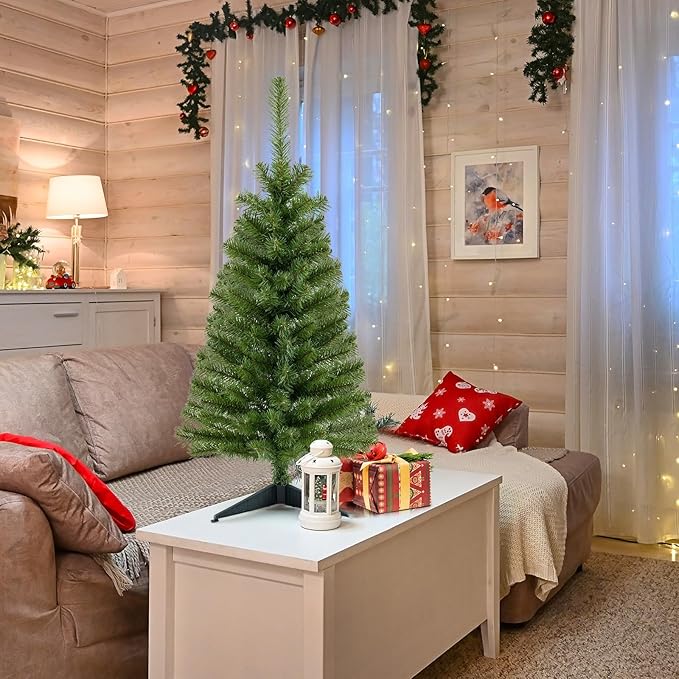 HAPPYGRILL 3 FT Unlit Green Christmas Tree Set of 2, Artificial Tabletop Christmas Tree with Stand, Xmas Tree for Home Office Festival Decoration