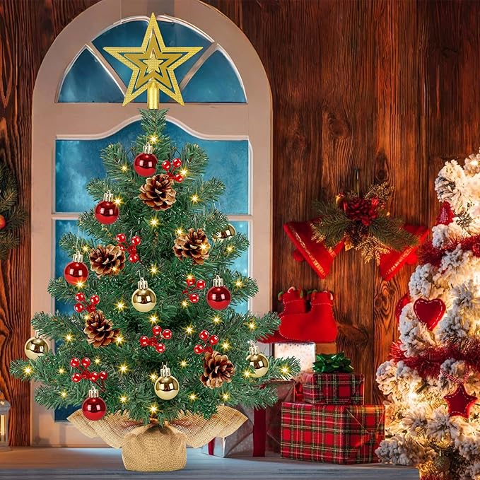 [ 8 Modes & Timer] 24 Inch Small Tabletop Christmas Tree with 50 Warm White Lights Star Treetop and Ornaments Artificial Mini Christmas Tree Indoor Home Table Christmas Decorations