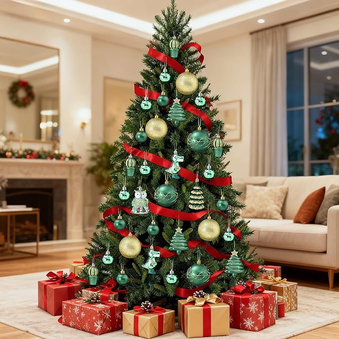 Dolicer 52 Pcs Christmas Tree Ornaments Various Styles Christmas Ball Ornaments Set Green Gold Christmas Ornament Shatterproof Lightweight Hanging Decorations for Xmas Tree Holiday Party Home