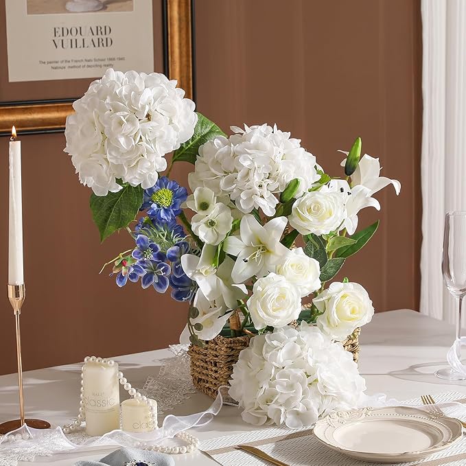 Nubry 22.44In White Hydrangea Artificial Flowers, 3Pcs Latex Faux Real Touch Large Hydrangea Flowers with Long Stems & Leaves for Home Office Decor Wedding Party Arrangements(White)