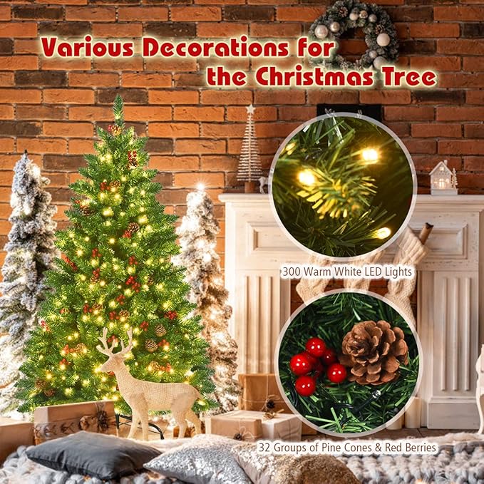 Goplus 4.5FT Pre-Lit Christmas Tree, Hinged Artificial Christmas Tree with 516 Branch Tips, 300LED Lights Sturdy Metal Stand and Pine Cones and Red Berries