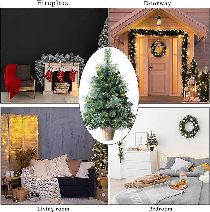 2ft Pre-lit Mini Artificial Christmas Tree,68 PVC Branches Tips & 17 Flowering Pine Needles & LED String Lights & Burlap Wrapped Base,Battery Operated Green Xmas Tree for Tabletop