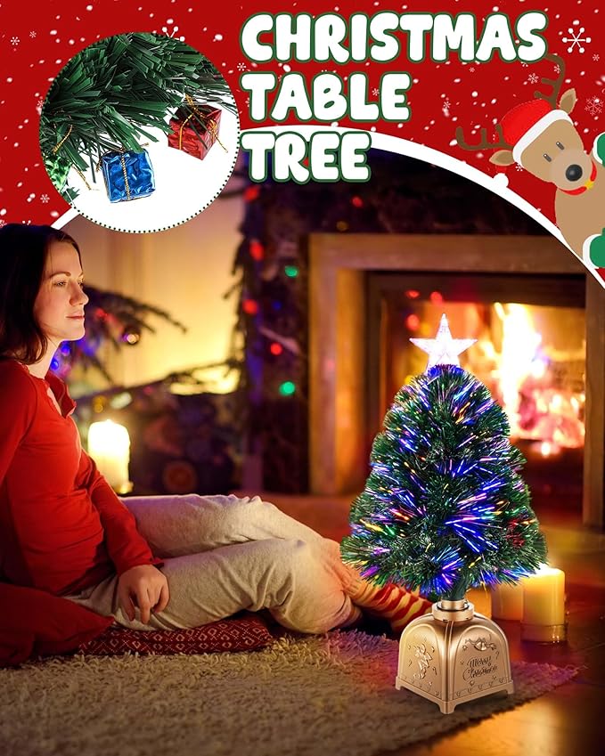 2FT Rotating Musical Tabletop Christmas Tree with Lights, Pre-Lit Green Fiber Optic Mini Xmas Tree with Spinning Music Base for Small Space Home Office Desk Holiday Decor
