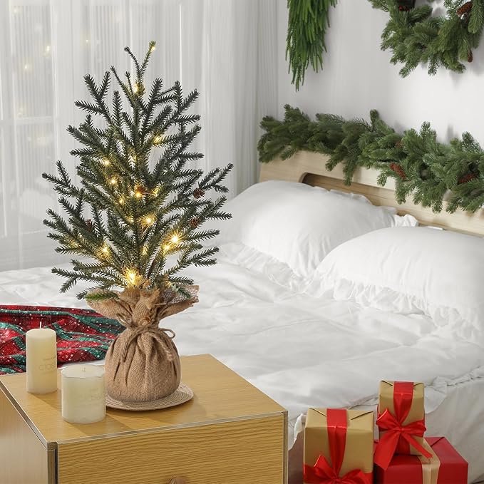 22" Mini Christmas Tree, Small Artificial Tabletop Christmas Trees Decor with Lights, Outdoor Indoor Porch Table Centerpieces Xmas Christmas Decorations