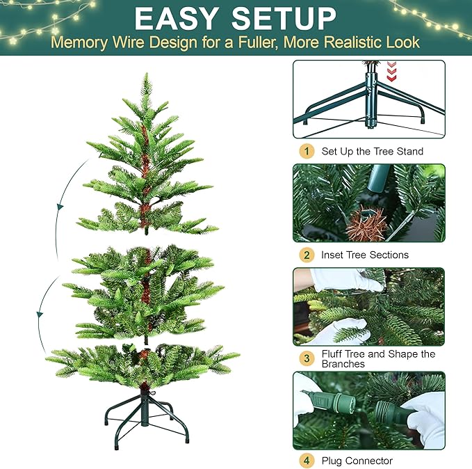 4FT Prelit Artificial Christmas Tree, Premium Douglas Fir Christmas Tree with 100 Warm White Lights & 298 Branch Tips, PE & PVC Pre Lit Hinged Xmas Trees with Metal Base for Party, Holiday Decoration