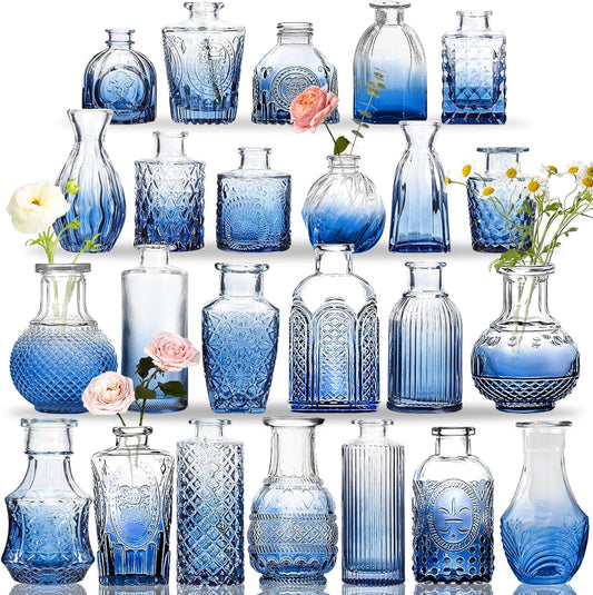 Bud Vases Set of 24, Gradient Blue Vintage Small Vases for Flowers, Clear Crystal Mini Glasses in Bulk, Small Flower Design for Centerpieces Wedding Home Flower Party Decor