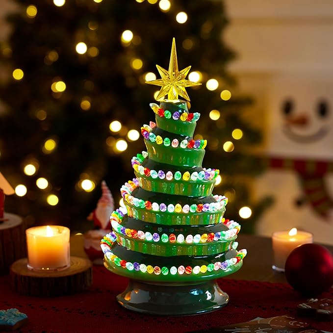 JOIEDOMI 12" Novelty Ceramic Christmas Tree, Lightup Tabletop Xmas Tree with 220 Spiral-Arranged LED Lights, Classic Retro Porcelain Tabletop Decor for Xmas Indoor Office Decorations