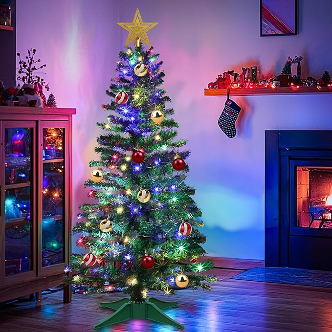 Remote 8 Mode & Timer 4 Ft Christmas Tree with 100 Warm White & Multi Color Change Lights 18 DIY Balls Ornaments 3D Star Battery Operated Small Xmas Tree Table Indoor Holiday Party Decor (Green)