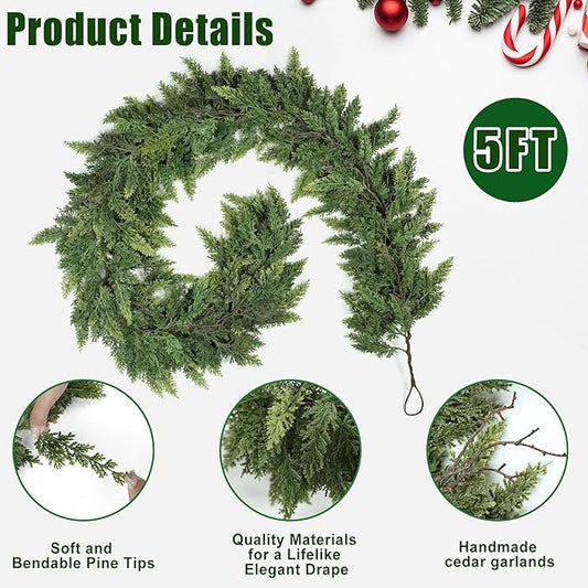 Realistic Christmas Garland for Mantle Real Touch Thick/Lush Artificial Cedar Garlands Christmas Decorations Indoor Christmas Garland for Stairs Railing Outdoor Table Xmas Holiday Decor Greenery 5FT
