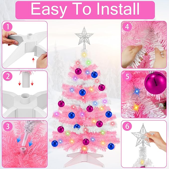 [ Timer & 12 Modes ] 3 Ft Pink & White Valentines Christmas Tree with 50 Warm White&Color Lights 20 Ball Ornaments 3D Star Battery Operated Remote Small Valentines Tree Valentines Day Decorations