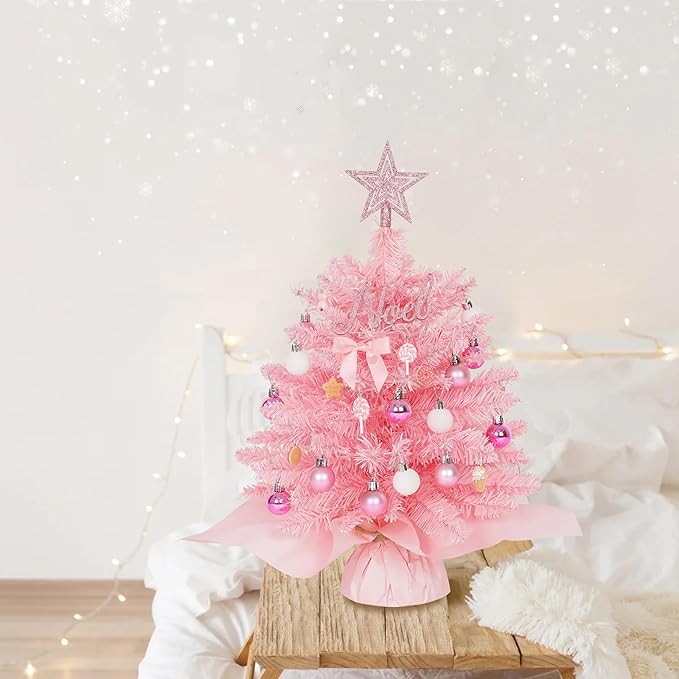 Wangchao Craft 20" Mini Pink Christmas Tree Table Top Artificial Xmas Tree Small Christmas Tree with Lights, Star Treetop and Balls, Tabletop for Girls Rooms