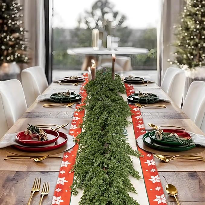 9FT Christmas Garland, Real Touch Cypress Pine Garlands, Green Artificial Cedar Garland Christmas Decorations for Home, Dining Table Mantel Porch Wall Stairs Winter Xmas Decor