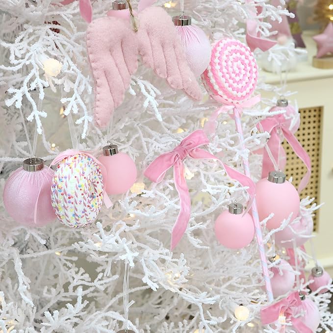 Sea Team 16-Pack Flocked Velvet Christmas Tree Ball Ornaments Set, Hanging Velour Baubles, Shatterproof Plastic Decorations for Xmas Tree, Wreath, Garland, 80mm/3.15 Inches, Pink