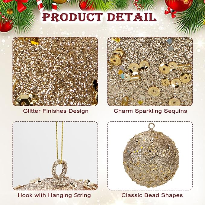 4" Large Christmas Balls Ornaments 6 Pcs Shatterproof Big Champagne Christmas Ornaments for Tree Glitter Big Xmas Tree Ornament for Xmas Halloween Holiday Wedding Party Decoration