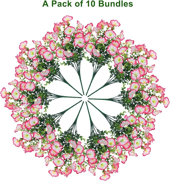 10 Bundles Artificial Flowers for Outdoor,UV Resistant Fake Petunia Flowers,Faux Plants for Outside Hanging Planters,Artificial Plants for Indoor Porch Garden Home Wedding Decor(White and Pink)