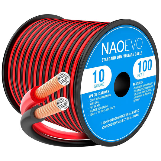 NAOEVO 10 Gauge Wire 100FT, 2 Conductors Electrical Wire Red Black Cable, Flexible/Low Voltage/PVC 10 AWG Copper Clad Aluminum Extension Cord for Speaker, LED Strips, Automotive 12V/24V DC