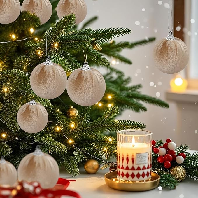 Woration 15pcs Christmas Velvet Ball Ornaments Flocked Xmas Tree 2.36inchs Small Shatterproof Hanging Ball Decoration for Holiday Party (Champagne)