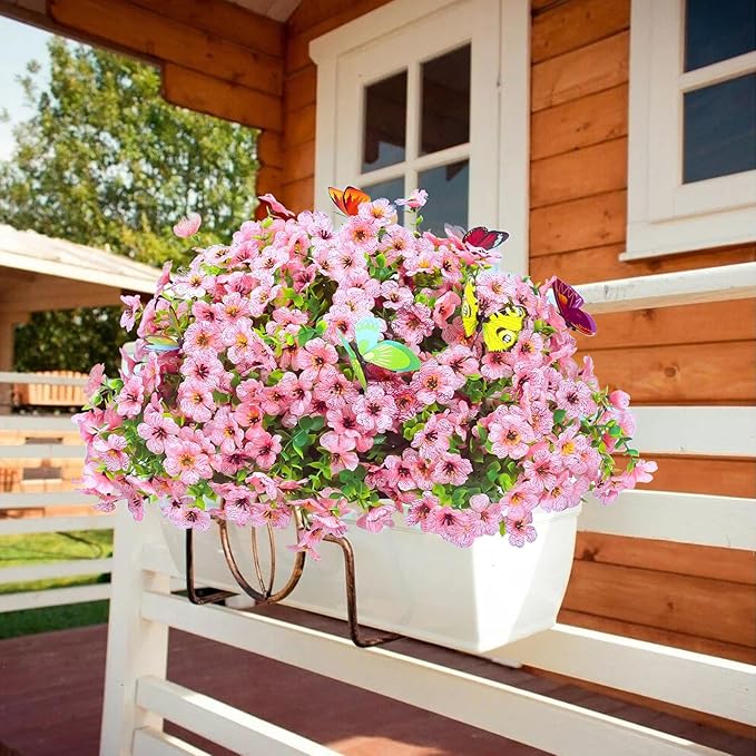 20 Bundles Artificial Flowers for Outdoors‌ with 6 Faux Butterflies, UV Resistant Fake Flowers‌ with Eucalyptus Leaves, Artificial Plants Outdoor‌ for Patio Garden Porch Home Decor (Pink)