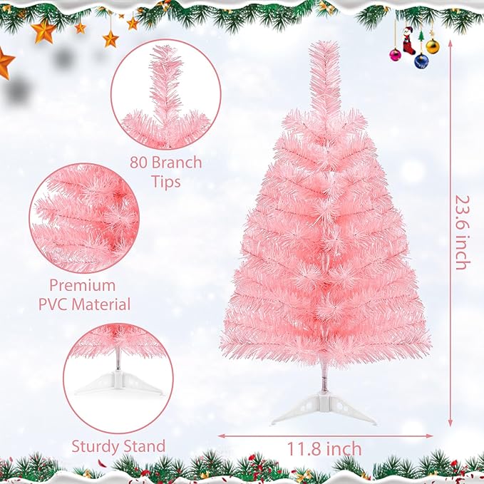 2Ft Artificial Christmas Tree Pink Tabletop Christmas Tree with Plastic Stand Mini Xmas Pine Tree for Indoor Outdoor Holiday Home Decoration