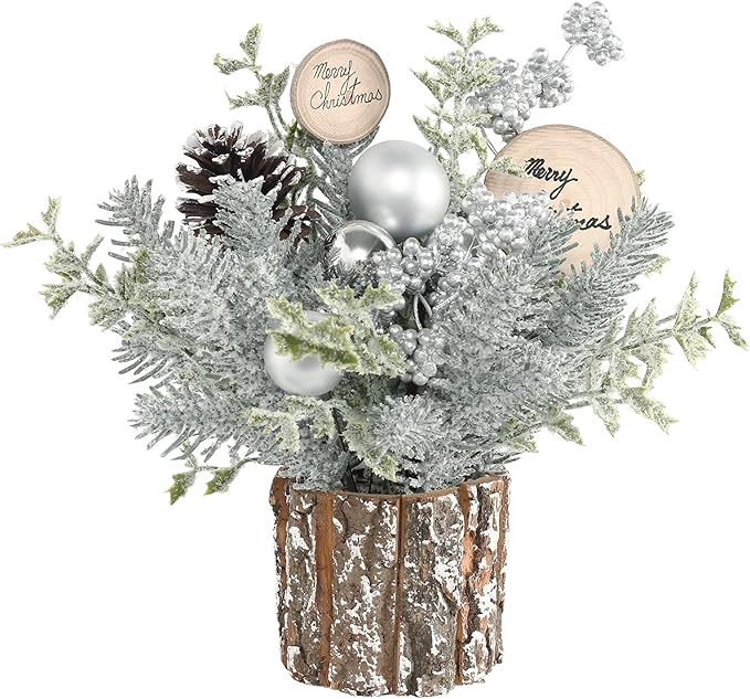Super Holiday Small Winter Christmas Tree, Artificial Mini Tabletop Christmas Tree Decorations with Christmas Ornaments, for Home Party Thankgivings Christmas Decor, Silver/White-Indoor.