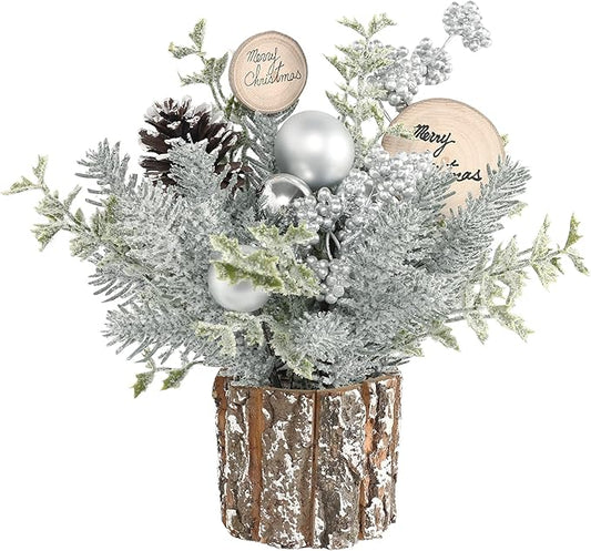 Super Holiday Small Winter Christmas Tree, Artificial Mini Tabletop Christmas Tree Decorations with Christmas Ornaments, for Home Party Thankgivings Christmas Decor, Silver/White-Indoor.
