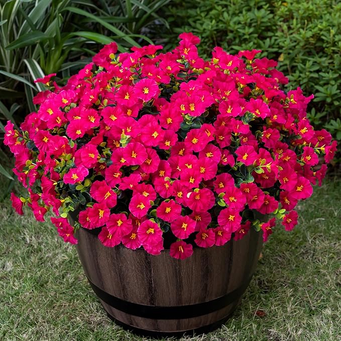 Artificial Faux Flowers for Outdoor 16 Bundles Boxwood Fake Morning Glory for Planter,UV Resistant Fake Flowers for Home Porch Patio Outside（Rose Red）