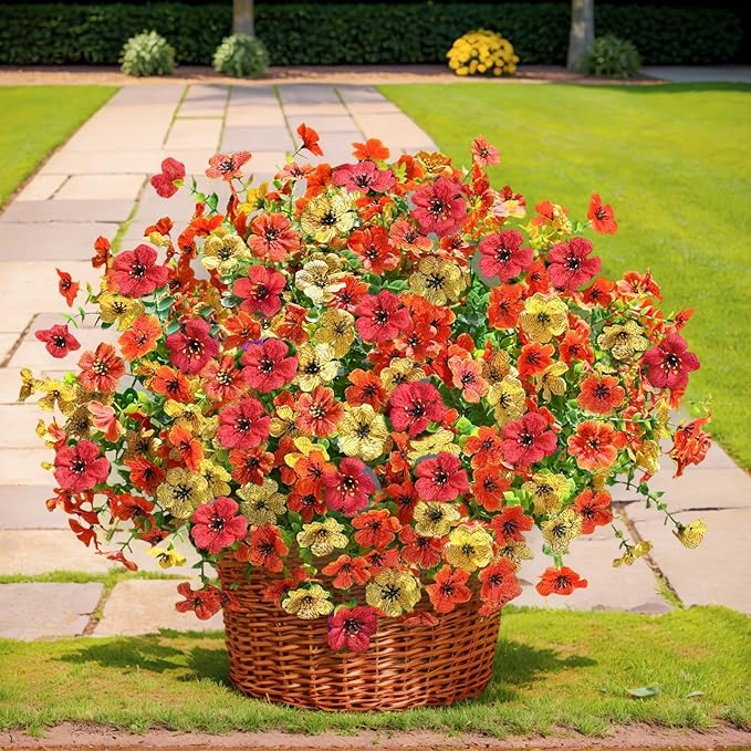 SHIAWASENA Realistic Outdoor Fake Plants Flowers, Artificial Flowers, UV Resistant, 12 Bundles Faux Silk Colorful Violet Flowers Bouquet with Eucalyptus (Yellow & Orange & Red)