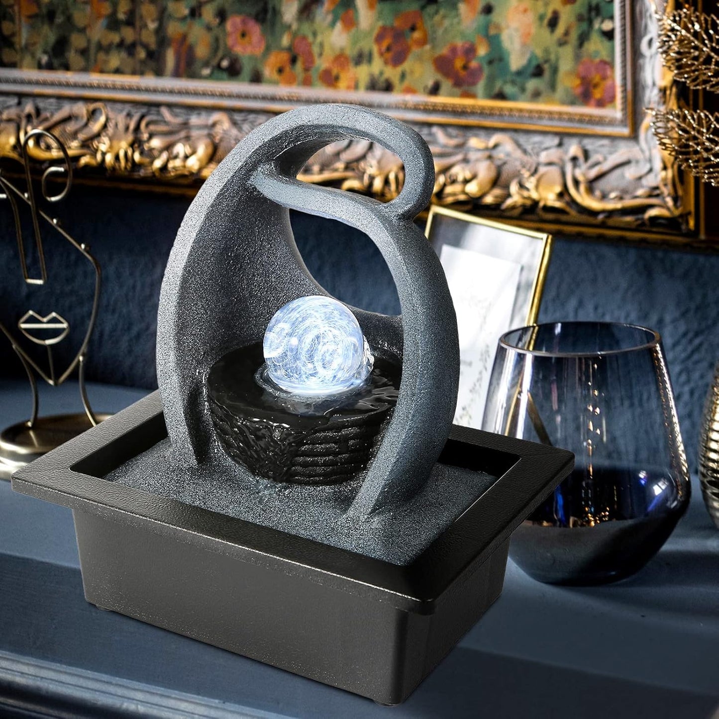 WICHEMI Water Fountains Indoor Waterfall Fountain Tabletop Fountain with LED Rolling Ball Water Feature Indoor Zen Meditation for Home and Office Indoor Spaces Decor (Style 18)