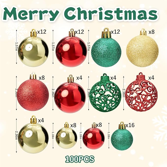 100-Pack Christmas Ball Ornaments for Tree,Shatterproof Plastic Holiday Baubles Set in Assorted Sizes and Finishes, Christmas Tree Decorations for Home, Office, Party, Indoor Outdoor Use