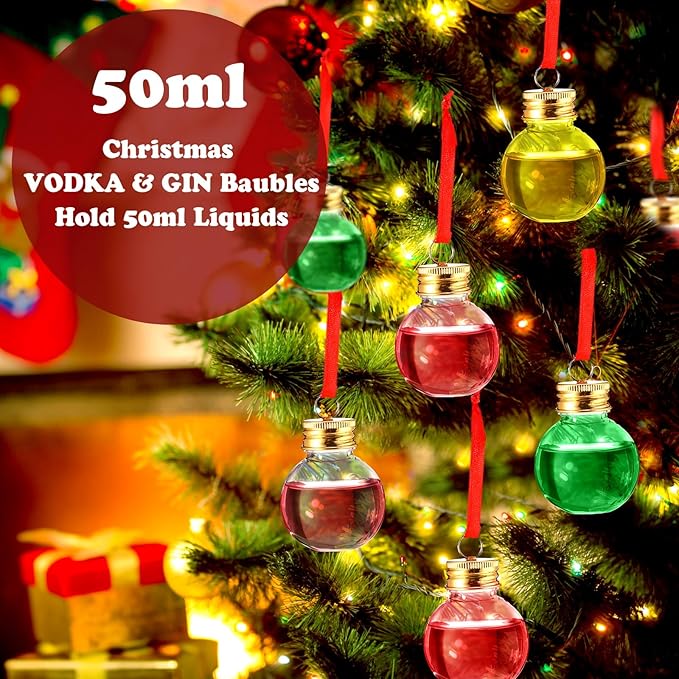 Patelai 48 Pcs Christmas Drink Balls Shot Glass Ornament Plastic Fillable Christmas Tree Ornaments Xmas Water Bottle Bulbs for Holiday Party Indoor Outdoor (Green,Red,Yellow with Gold Lid)