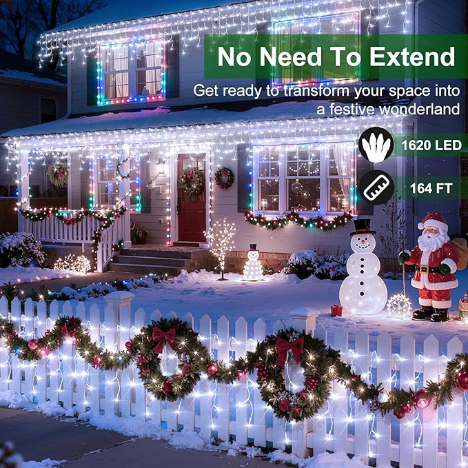 1620 LED Christmas Lights with 360Drops, 164ft 12 Modes Cool White Outdoor String Lights with Timer Dimmable, Waterproof Hanging Twinkle Lights for Outside Holiday Wedding Eaves Christmas Decor