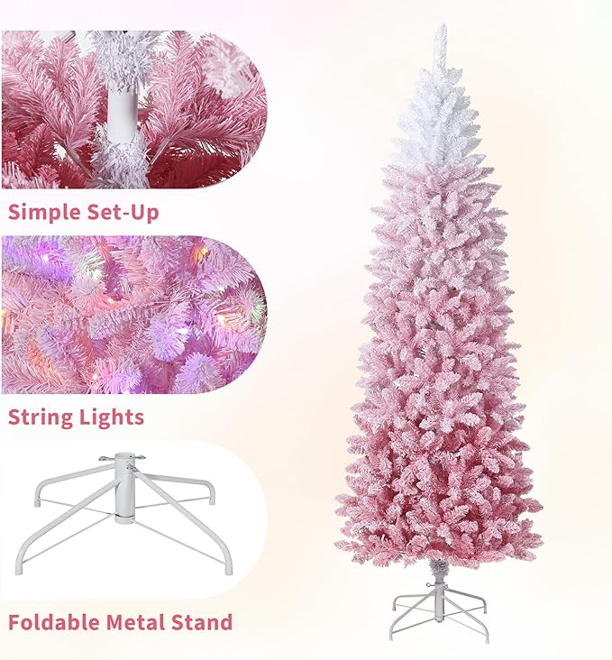 GAOMON 6Ft Snow Flocked Pencil Christmas Tree, Slim Artificial Christmas Tree with Sturdy Metal Stand, Skinny Xmas Tree Holiday Decoration for Home, Office, Pink Gradient