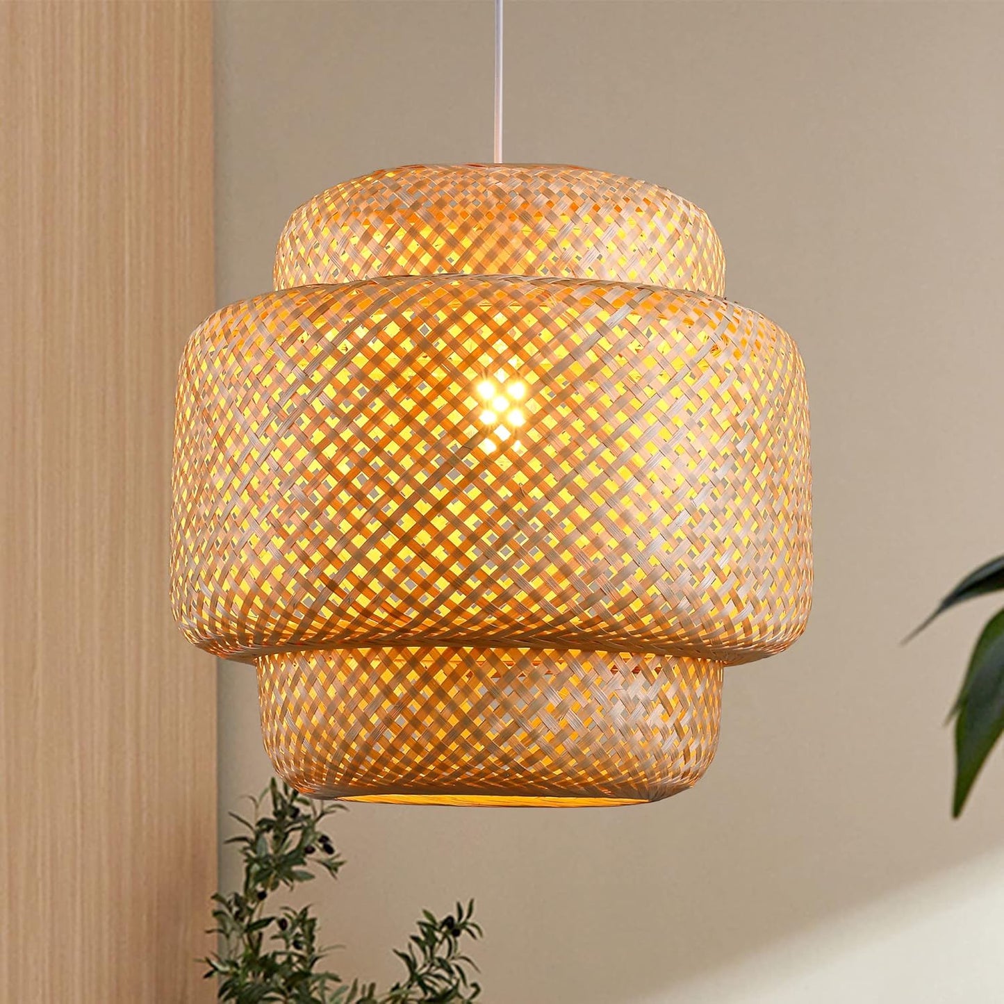 Bamboo Pendant Light - Boho Basket Chandelier Handmade Woven Pendant Light, Natural Wicker Rattan Hanging Chandelier for Kitchen Island Dining Room Living Room Porch
