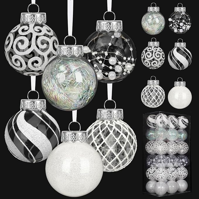 Ouddy Decor 36 Pcs Clear Christmas Ball Ornaments, 2.36" Shatterproof White Plastic Christmas Ornaments Set Decorative Hanging Transparent Baubles for Xmas Tree Holiday Party Decor, White