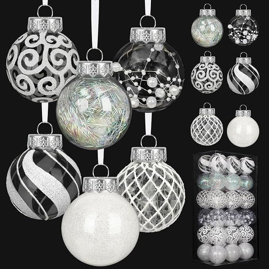 Ouddy Decor 36 Pcs Clear Christmas Ball Ornaments, 2.36" Shatterproof White Plastic Christmas Ornaments Set Decorative Hanging Transparent Baubles for Xmas Tree Holiday Party Decor, White