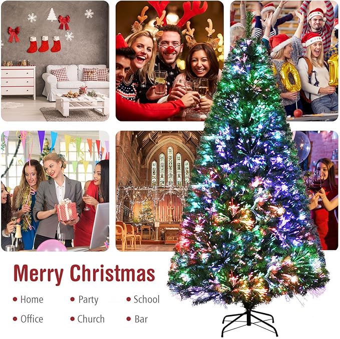 HAPPYGRILL 7FT Pre-lit Fiber Optic Christmas Tree, Artificial Xmas Tree Spruce Tree Green Tree with Metal Stand, 820 Branch Tips, Full Tree for Holiday Decoration