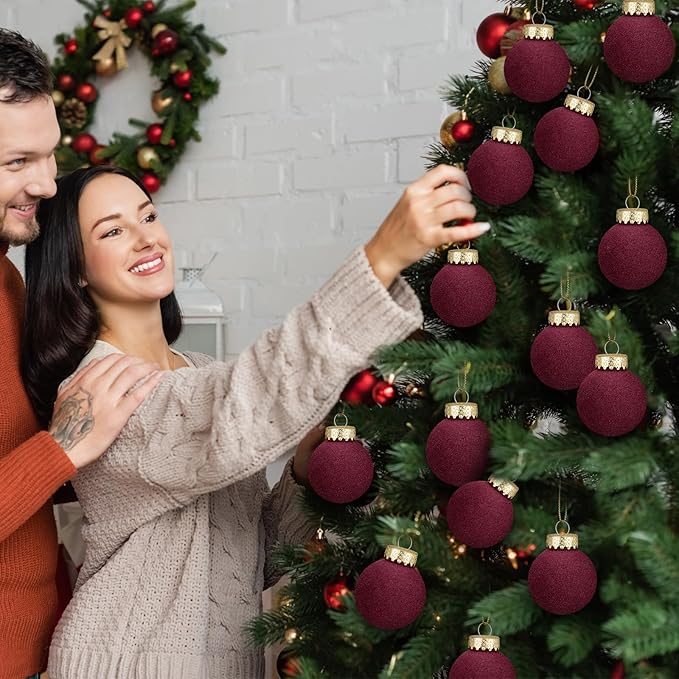 12 Pcs Velvet Christmas Balls Flocked Christmas Tree Hanging Ornaments Shatterproof Plastic Hanging Balls Decorations for Xmas Tree Party Home Holiday Decor (Wine Red, 3.15 inch)