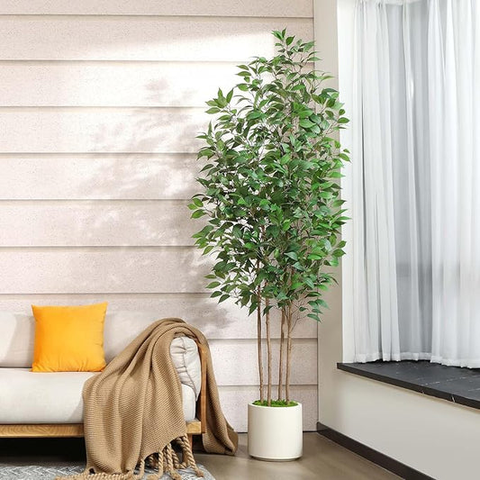 Ficus Artificial Tree 7ft Fake Silk Plant for Home Decor Indoor, Faux Tree in White Imitation Ceramic Planter Fake Floor Plant for Living Room and Home Office Corner Indoor Decor, Set of 1