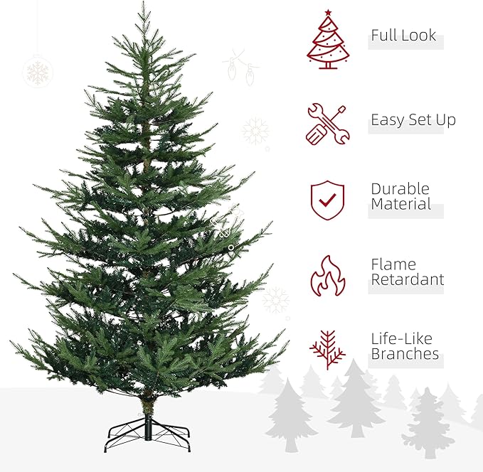 HOMCOM 7.5 Foot Artificial Christmas Tree, Nordic Pine Hinged Xmas Tree with 1218 Realistic Branches, Wide Steel Base, Auto Open, Green
