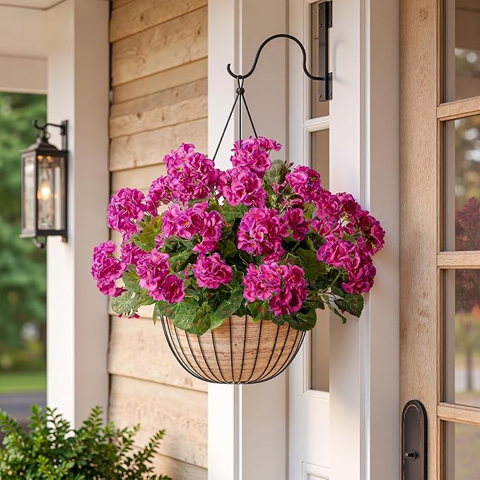 Artificial Geranium Flowers for Outdoors Geraniums Artificial Flowers Realistic Faux Geraniums for Outdoor Planters Silk Geranium Outdoor Fake Flowers Porch Home Kitchen Garden Decor(4PCS，Purple Red)