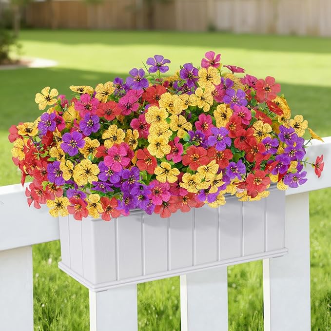 Lifewit Artificial Flowers for Outdoor Indoor, 12 Bundles Plastic Fake Flowers Daisy with Eucalyptus Leaves for Home Garden Decor, Porch, Window Box(Mix for Fuchsia Purple Yellow Red)