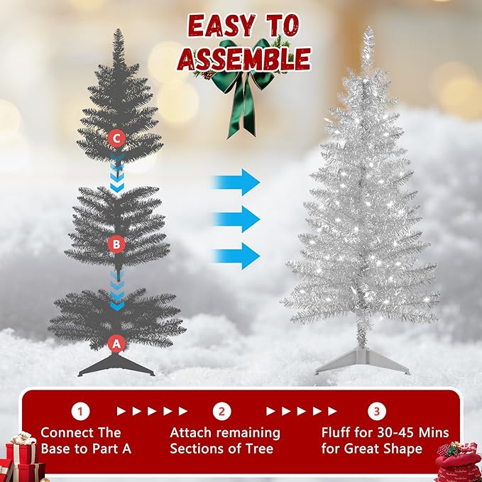 4ft Artificial Full Silver Christmas Tree with Separate Lights, Not Pre-lit Mini Silver Tinsel Pine Christmas Tree, 50 Lights, Small Xmas Tree for Home, Office, Party Decoration, Indoor