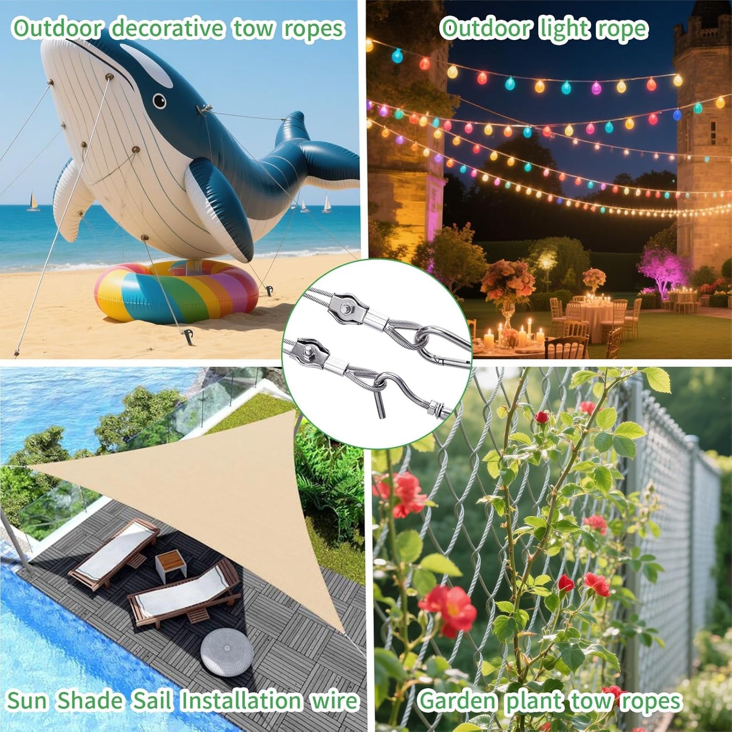 3/38" Wire Cable Rope Kit ，Vinyl Coated 304 Stainless Steel Wire – 200FT 7x7 Strand Cable with Turnbuckles，Shade Sail & Hanging Lights Hardware Kit for Outdoor, Garden,Patio, Crafts, Hanging Lights