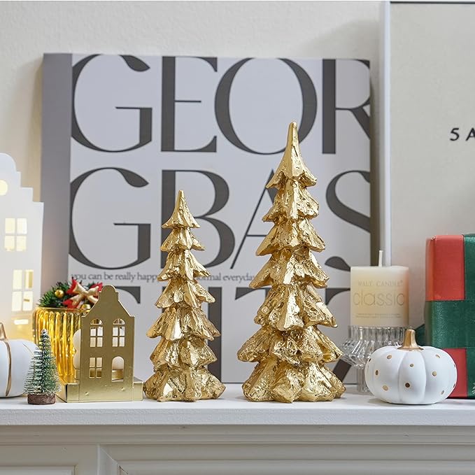 2Pcs Gold Christmas Tree Figurines, Resin Christmas Trees with Weathered Finish, Small Decorative Tabletop Trees for Mantel, Modern Holiday Home Decor for Living Room, Office, Festive Centerpiece