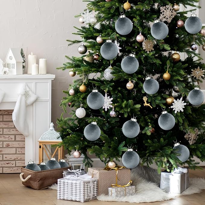 Neutral Velvet Christmas Tree Ornaments Set 3.15 Inch - Gray Xmas Hanging Baubles 15 PCS, Large Flocked Elegant Christmas Ball Ornaments, Shatterproof Decor for Holiday (Gray)