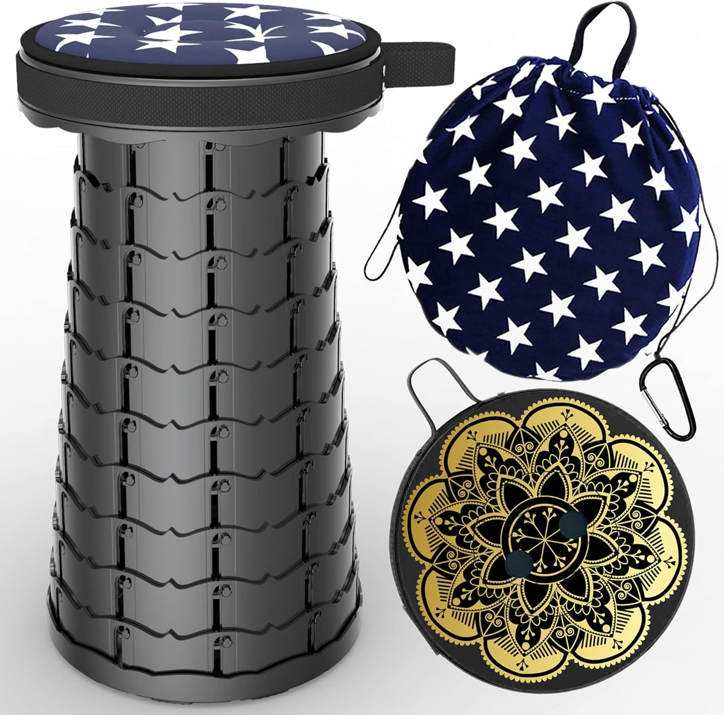 ALEVMOOM Upgraded Telescoping Collapsible Stool with Cushion, Folding Stool with Printing Portable Retractable Foldable Seat Max Load 550lbs for Adults Camping Fishing Outdoor